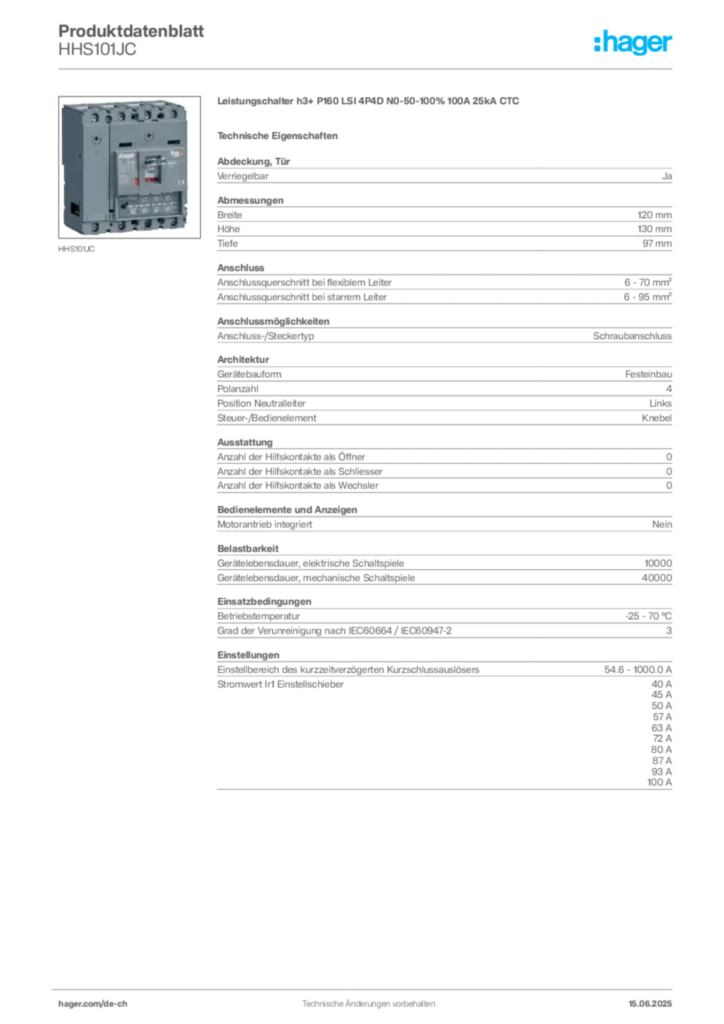 Bild Hager Produktdatenblatt HHS101JC | Hager Schweiz