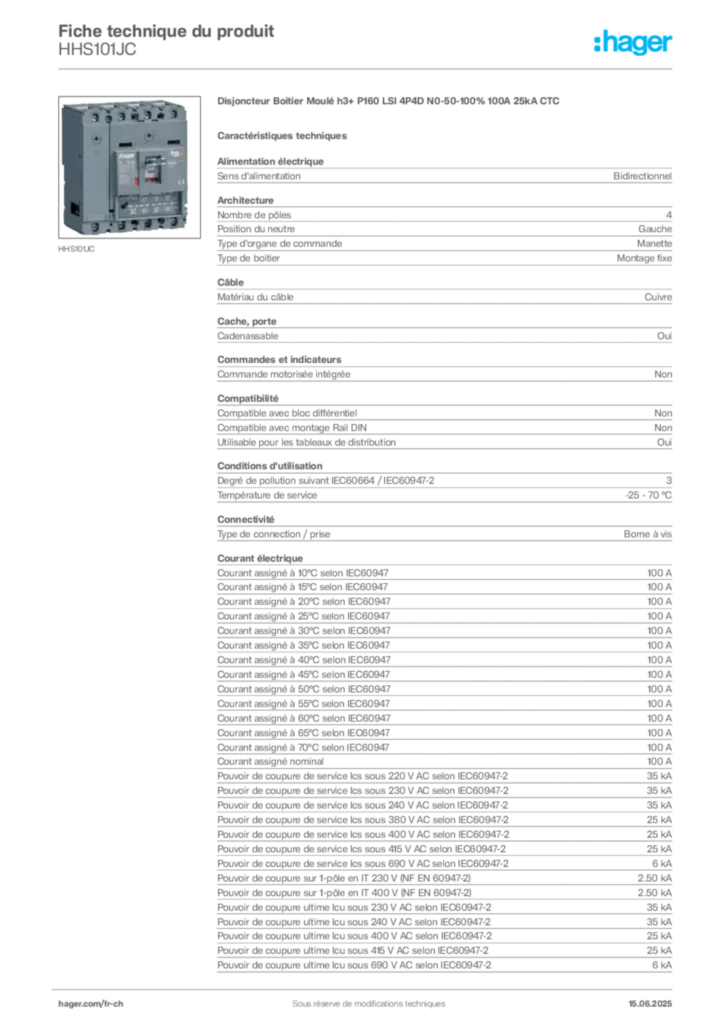 Image Hager Fiche technique du produit HHS101JC | Hager Suisse
