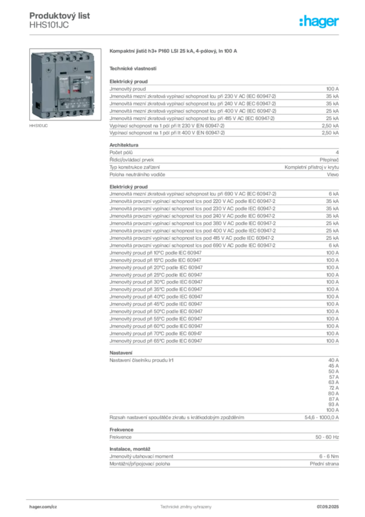 Obrázek Hager Produktový list HHS101JC | Hager