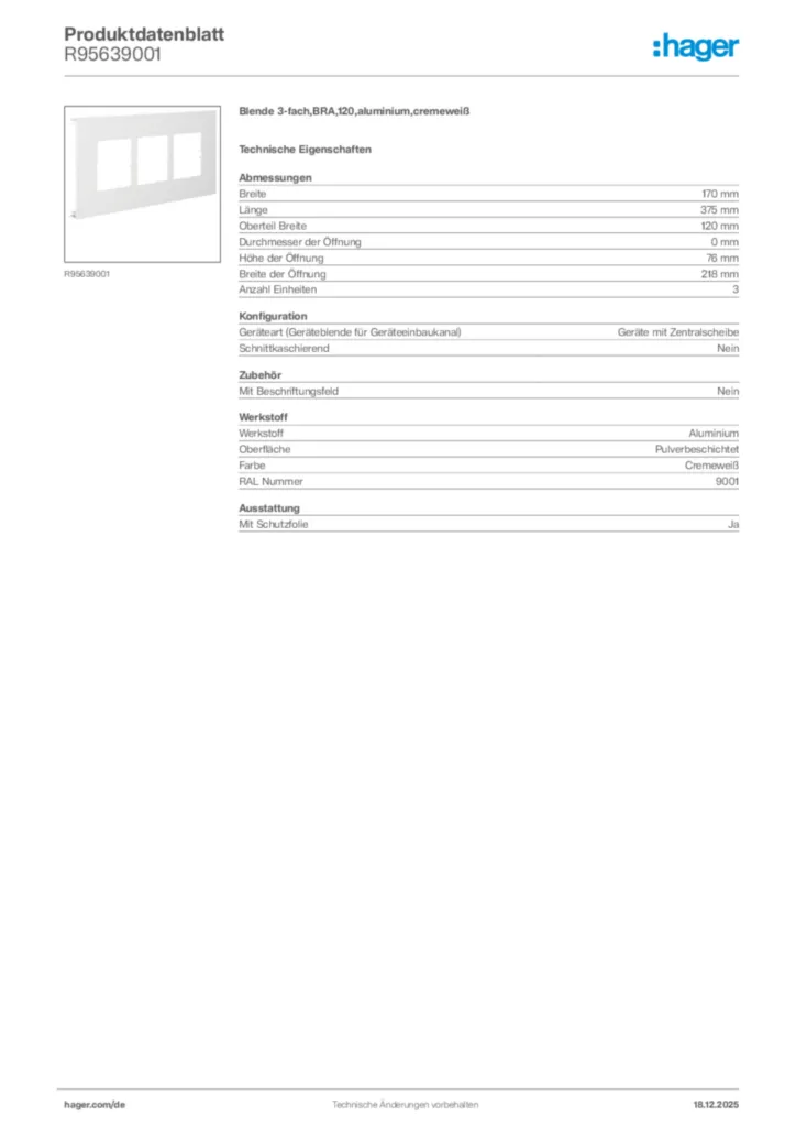 Bild Hager Produktdatenblatt R95639001 | Hager Deutschland