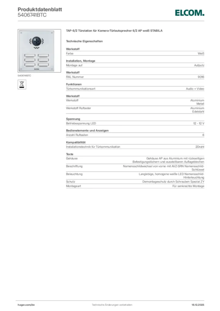 Bild Elcom Produktdatenblatt 5406741BTC | Hager Deutschland