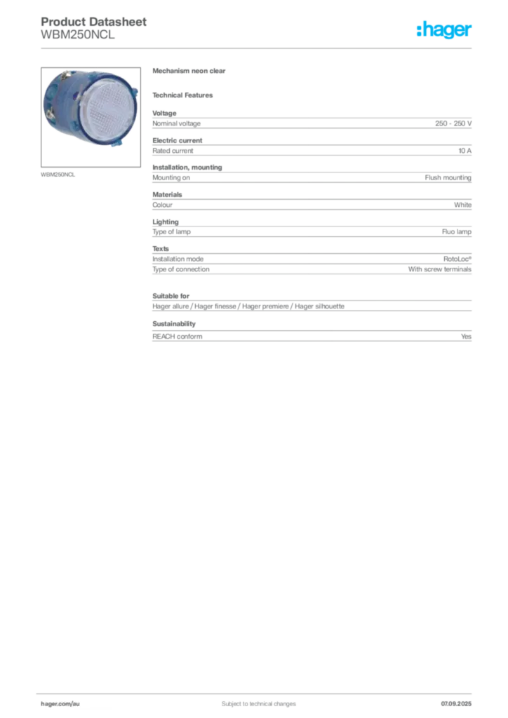 Image Hager Product data sheet WBM250NCL  | Hager Australia