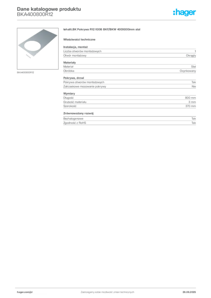 Zdjęcie Hager Karta katalogowa BKA400800R12 | Hager Polska