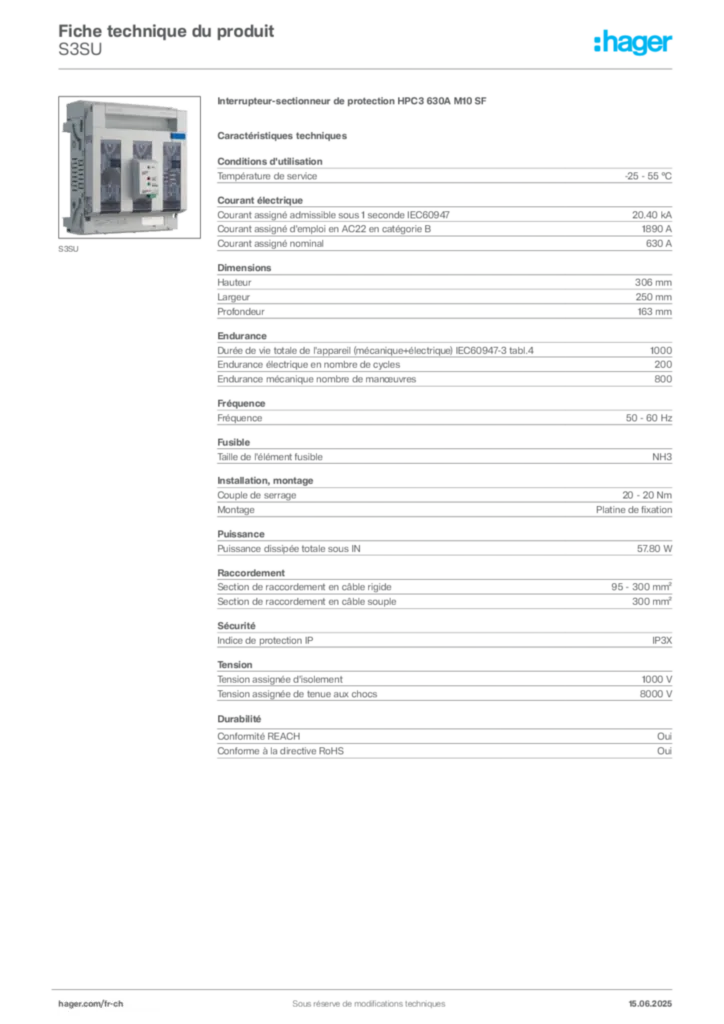 Image Hager Fiche technique du produit S3SU | Hager Suisse