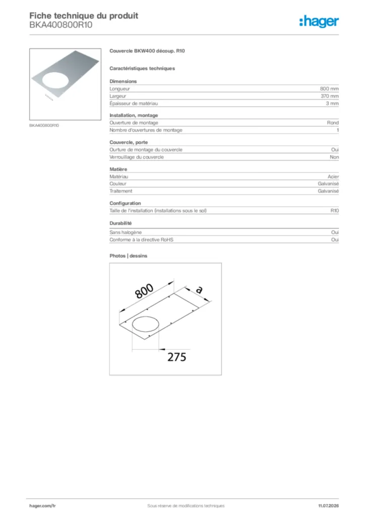 Image Hager Fiche technique du produit BKA400800R10 | Hager France