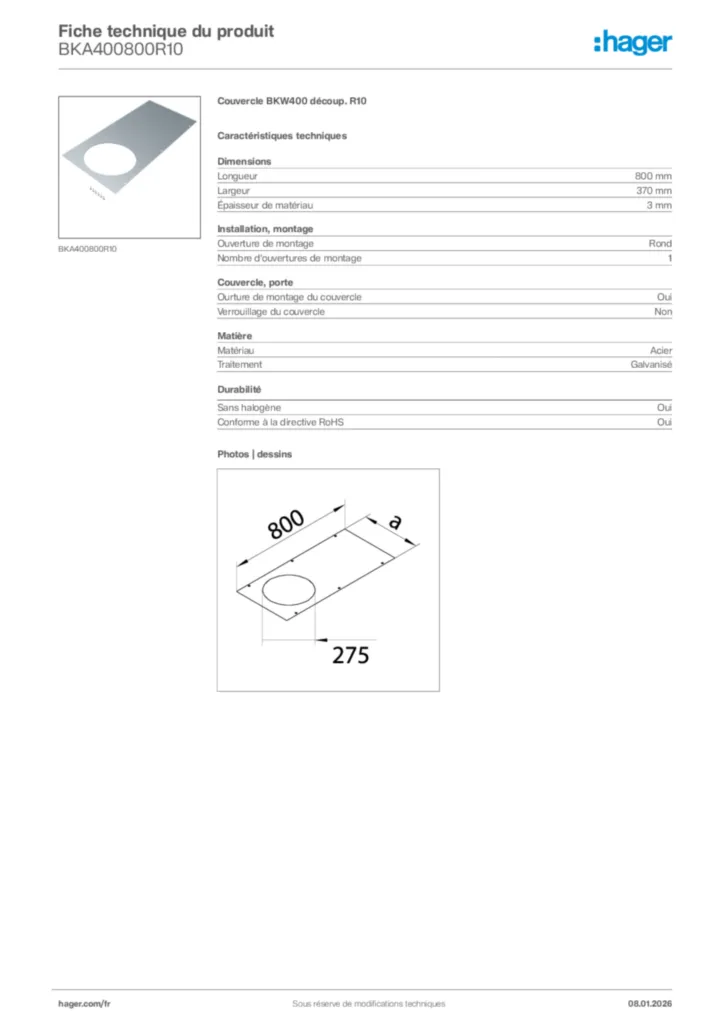 Image Hager Fiche technique du produit BKA400800R10 | Hager France