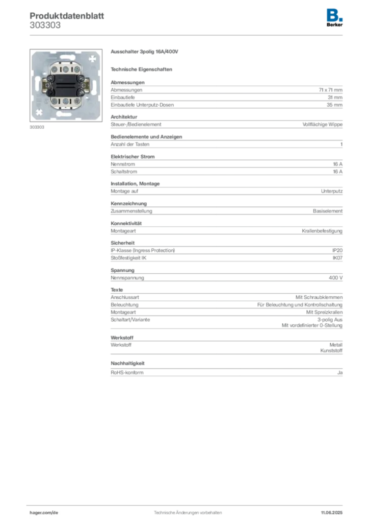 Bild Berker Produktdatenblatt 303303 | Hager Deutschland