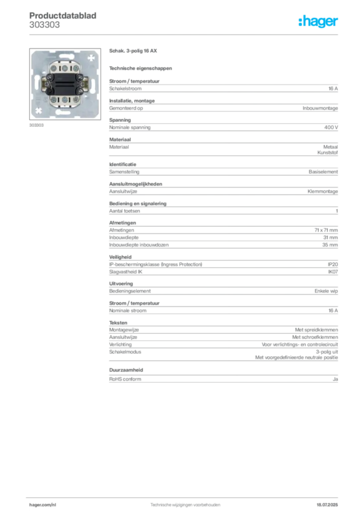 Afbeelding Hager Productdatablad 303303 | Hager Nederland