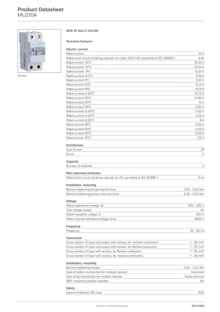 Image Hager Product data sheet MU210A  | Hager Africa