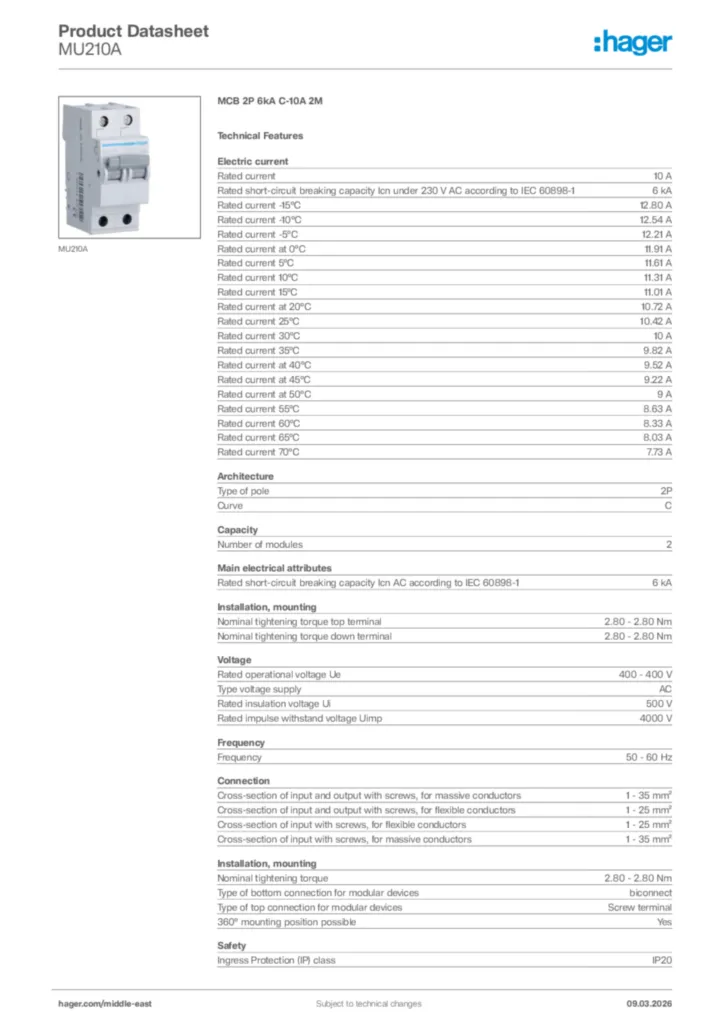 Image Hager Product data sheet MU210A  | Hager