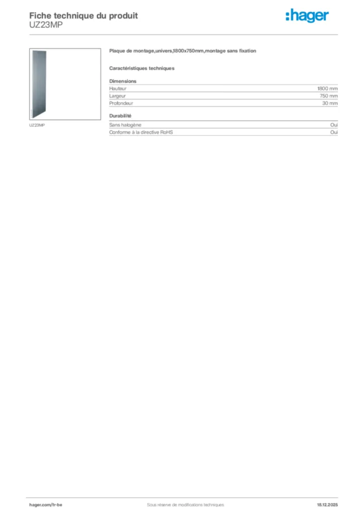 Image Hager Fiche technique du produit UZ23MP | Hager Belgique