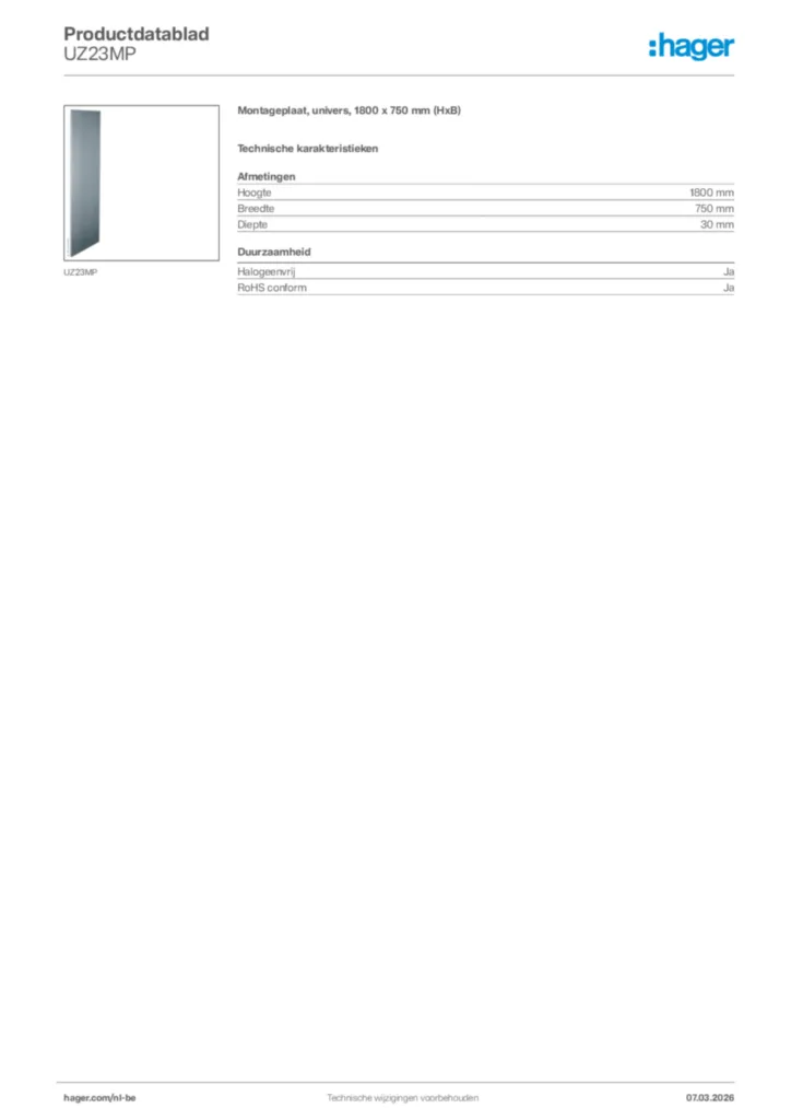Afbeelding Hager Productdatablad UZ23MP | Hager Belgium