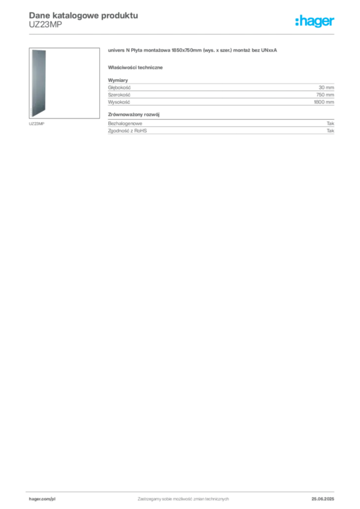 Zdjęcie Hager Karta katalogowa UZ23MP | Hager Polska