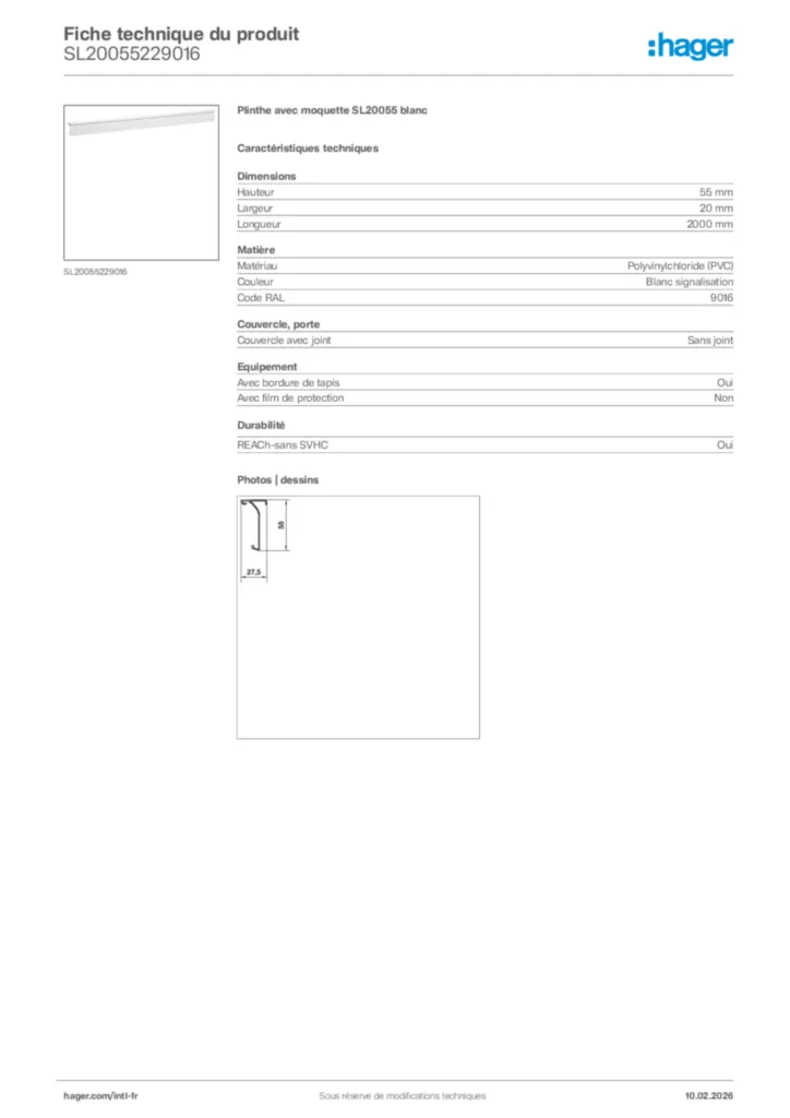 Image Hager Fiche technique du produit SL20055229016 | Hager Afrique