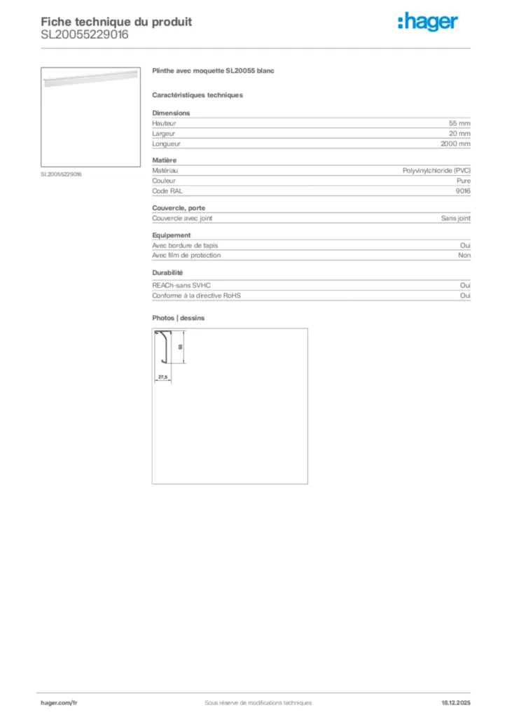 Image Hager Fiche technique du produit SL20055229016 | Hager France