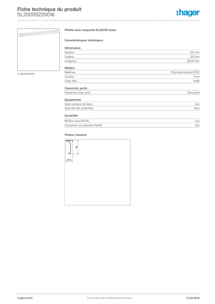 Image Hager Fiche technique du produit SL20055229016 | Hager France