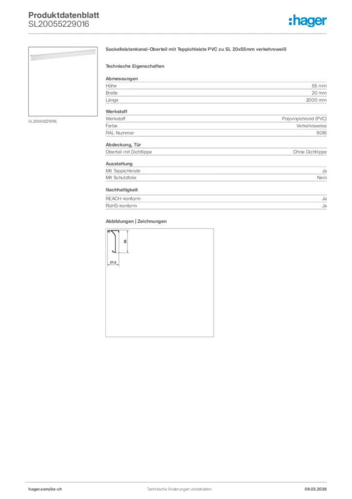 Bild Hager Produktdatenblatt SL20055229016 | Hager Schweiz