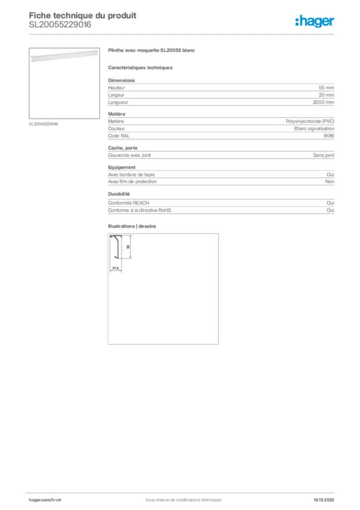 Image Hager Fiche technique du produit SL20055229016 | Hager Suisse