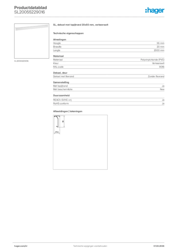 Afbeelding Hager Productdatablad SL20055229016 | Hager Nederland