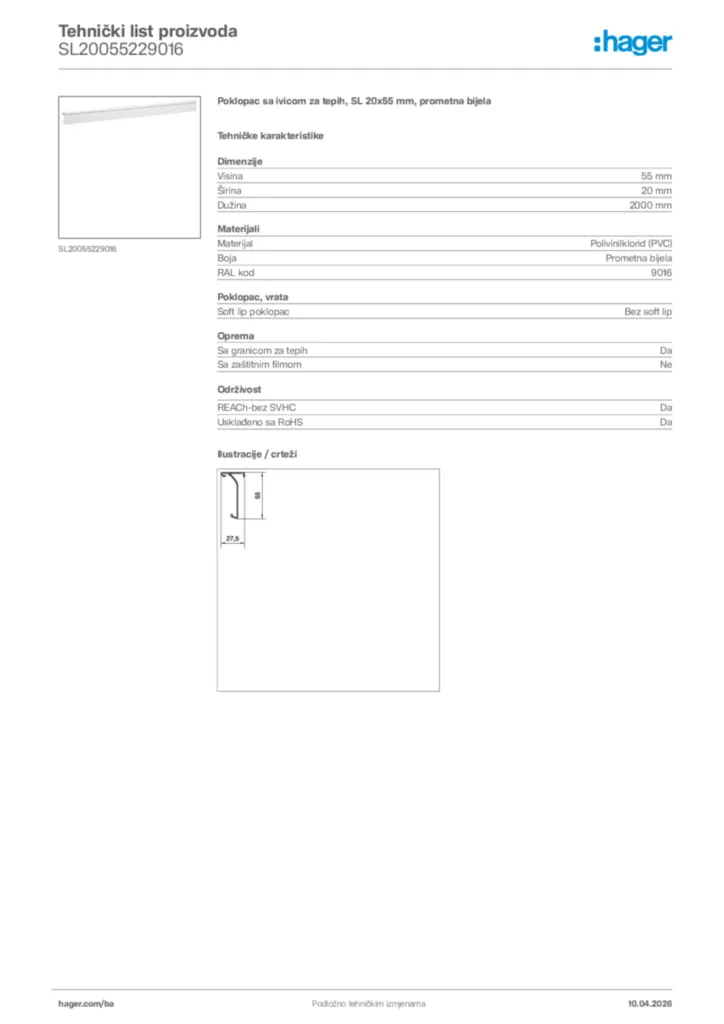 Slika Hager Tehnički list proizvoda SL20055229016  | Hager