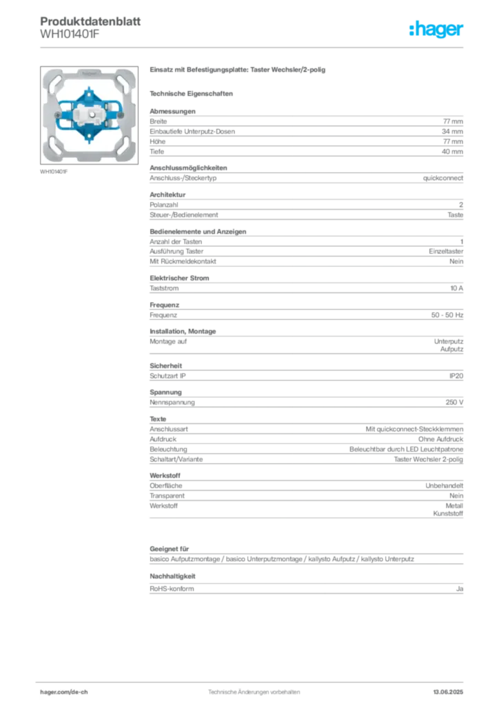 Bild Hager Produktdatenblatt WH101401F | Hager Schweiz