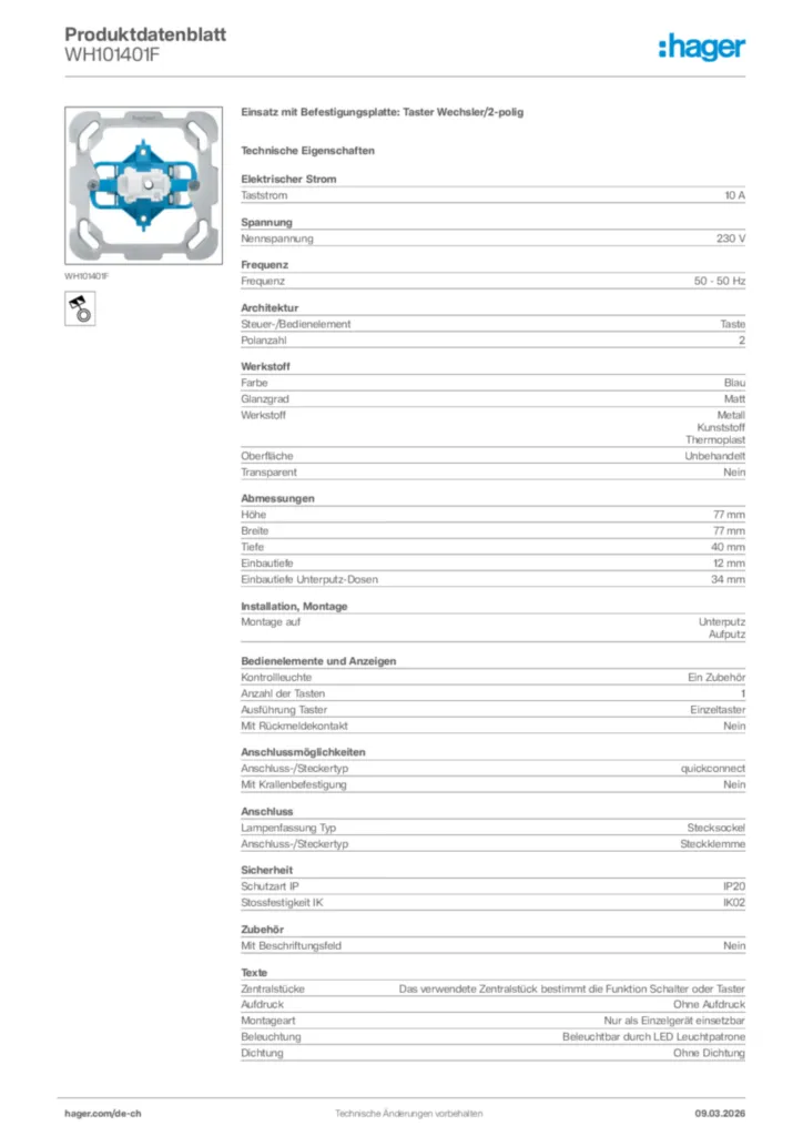 Bild Hager Produktdatenblatt WH101401F | Hager Schweiz
