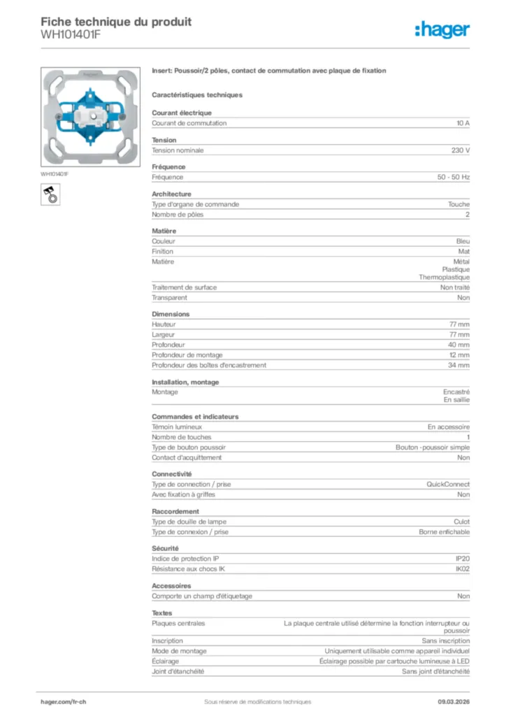 Image Hager Fiche technique du produit WH101401F | Hager Suisse