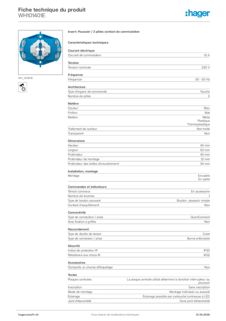 Image Hager Fiche technique du produit WH101401E | Hager Suisse