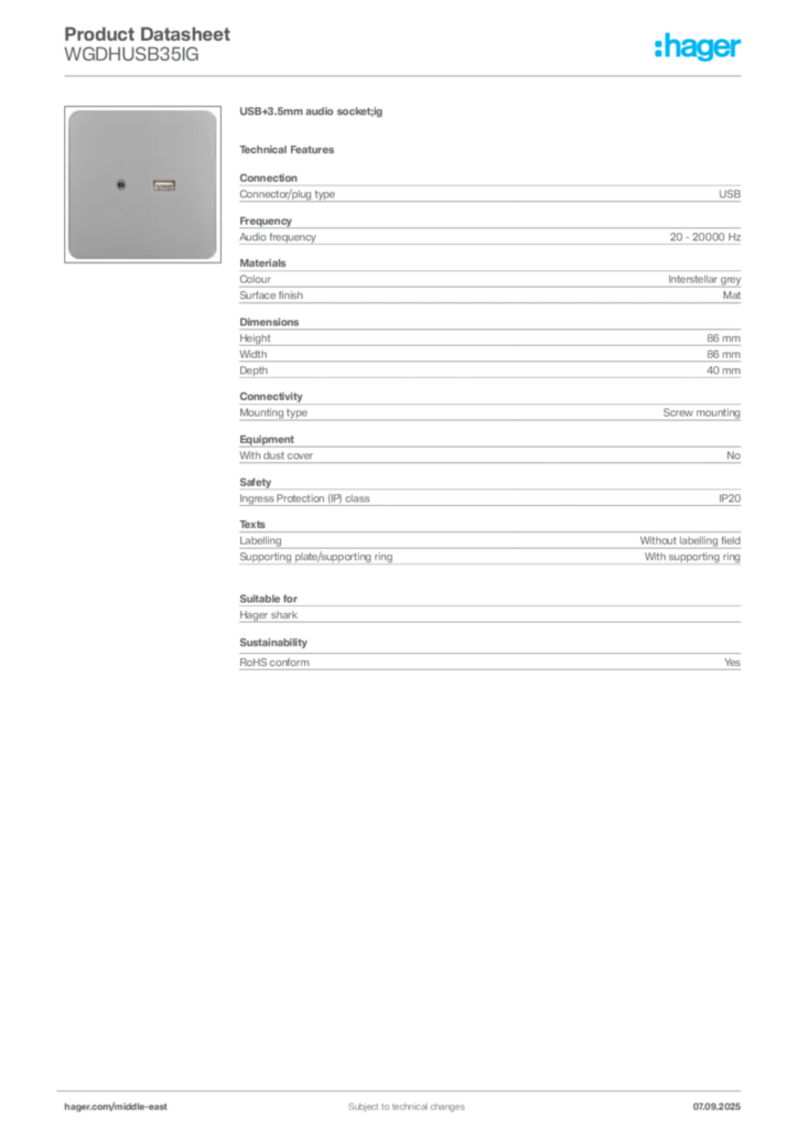 Image Hager Product data sheet WGDHUSB35IG  | Hager
