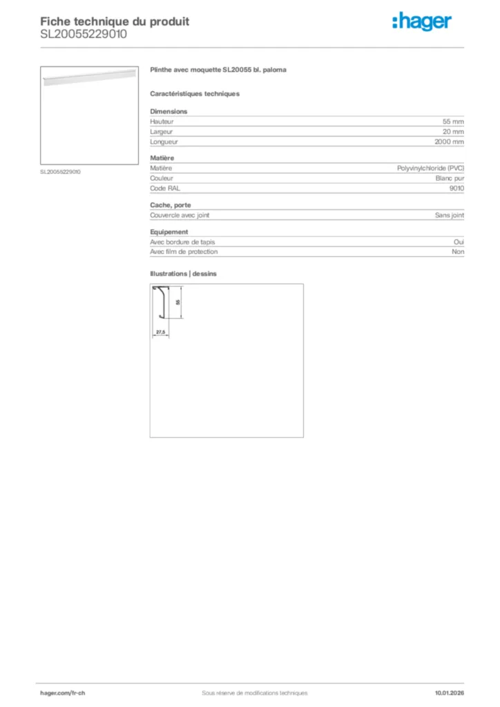 Image Hager Fiche technique du produit SL20055229010 | Hager Suisse