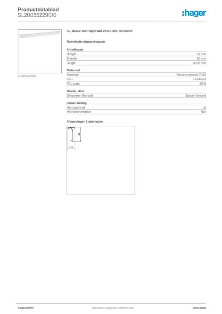 Afbeelding Hager Productdatablad SL20055229010 | Hager Nederland