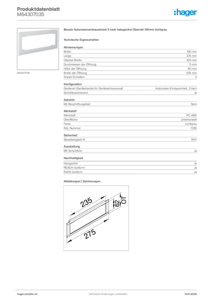 Bild Hager Produktdatenblatt M64307035 | Hager Schweiz