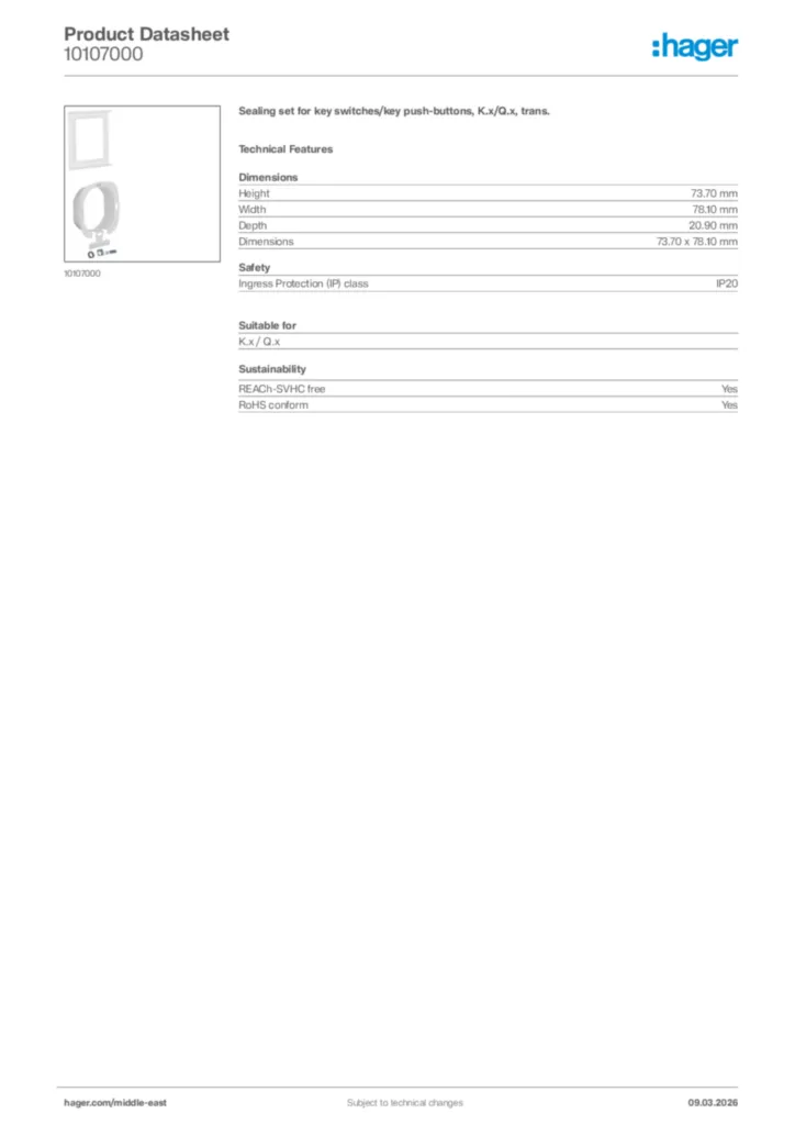 Image Hager Product data sheet 10107000  | Hager