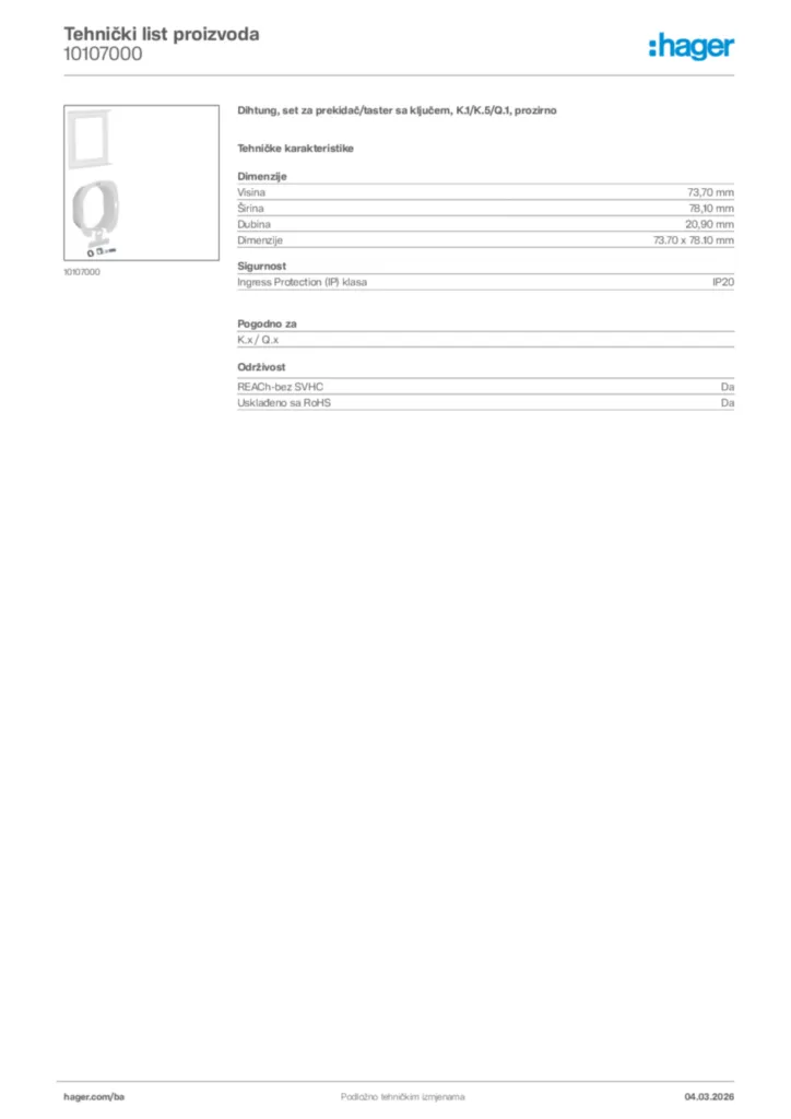 Slika Hager Tehnički list proizvoda 10107000  | Hager