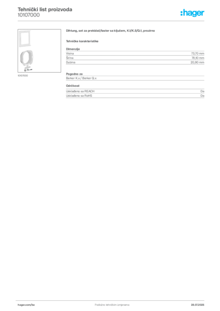 Slika Hager Product data sheet 10107000  | Hager