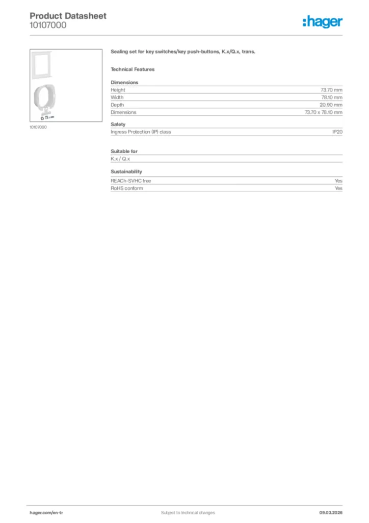 Image Hager Product data sheet 10107000  | Hager