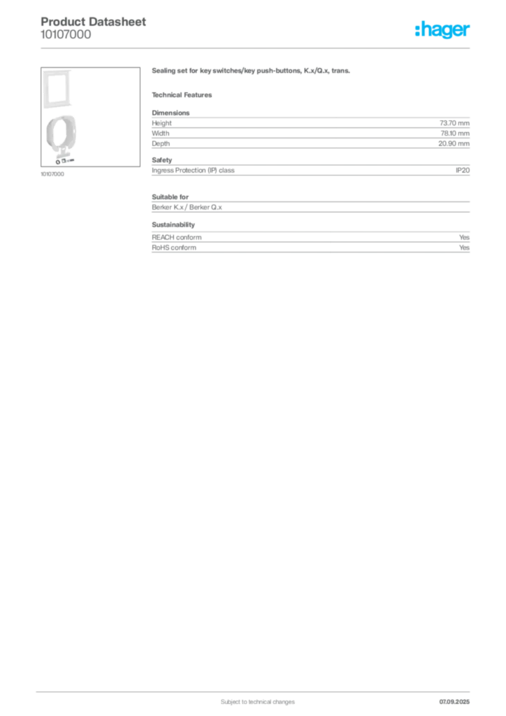 Image Hager Product data sheet 10107000  | Hager