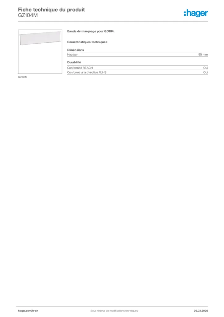 Image Hager Fiche technique du produit GZ104M | Hager Suisse