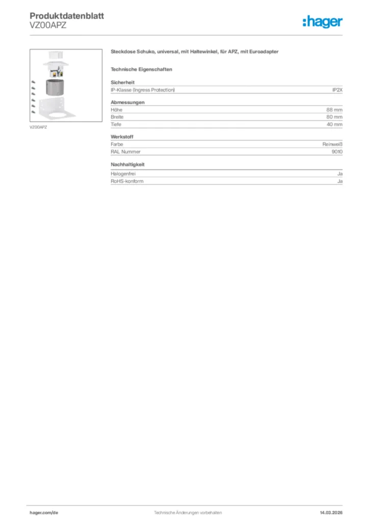Bild Hager Produktdatenblatt VZ00APZ | Hager Deutschland