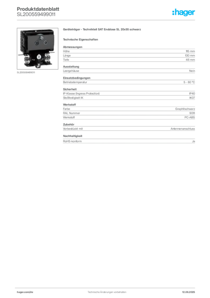 Hager Produktdatenblatt SL200559499011