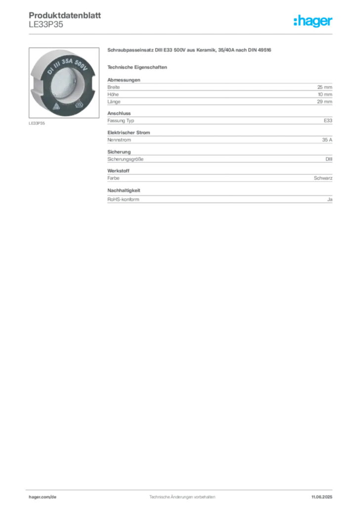 Bild Hager Produktdatenblatt LE33P35 | Hager Deutschland
