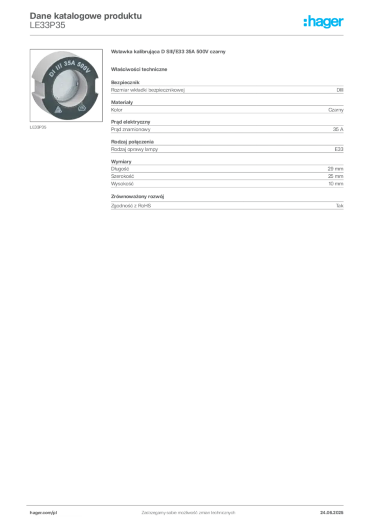 Zdjęcie Hager Karta katalogowa LE33P35 | Hager Polska