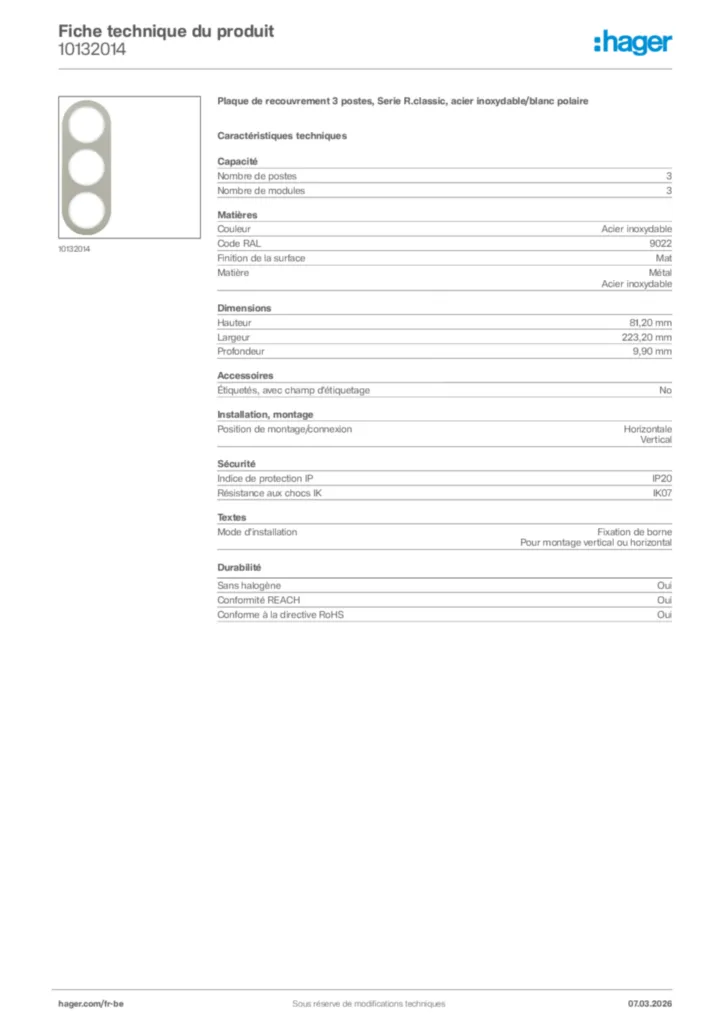 Image Hager Fiche technique du produit 10132014 | Hager Belgique