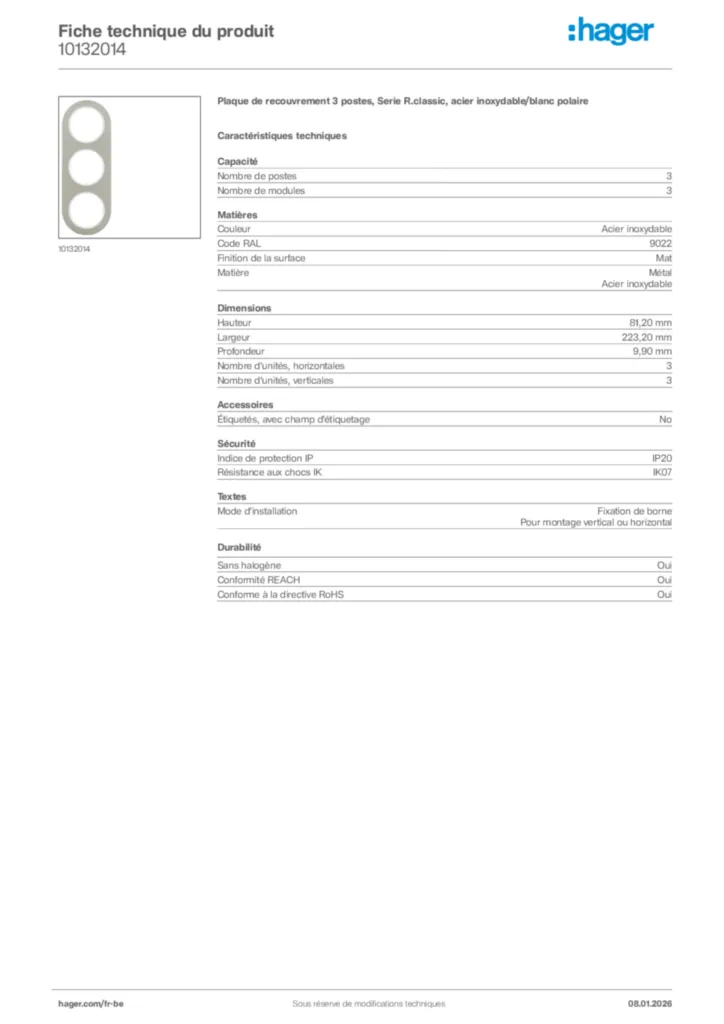 Image Hager Fiche technique du produit 10132014 | Hager Belgique