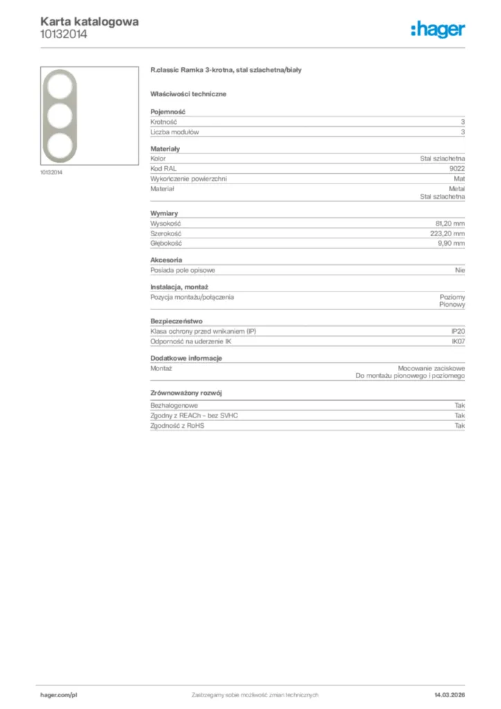 Zdjęcie Hager Karta katalogowa 10132014 | Hager Polska