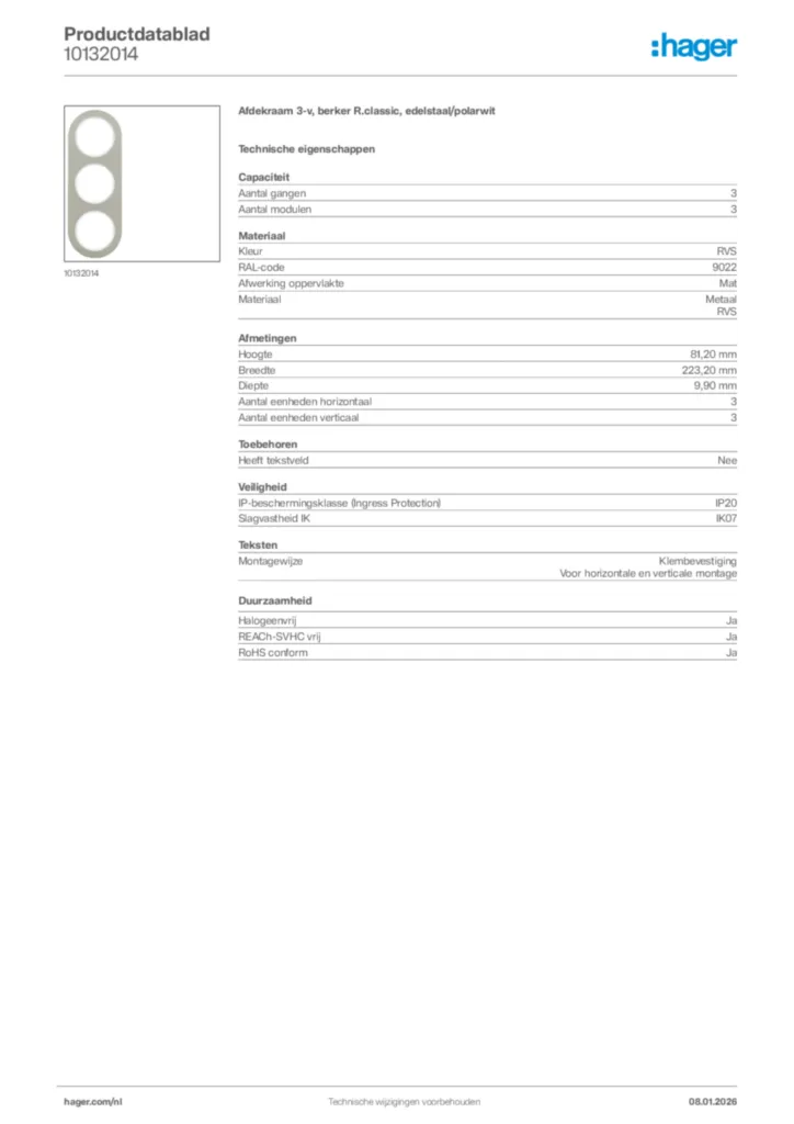 Afbeelding Hager Productdatablad 10132014 | Hager Nederland