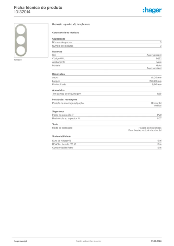 Imagem Hager Ficha técnica do produto 10132014 | Hager Portugal