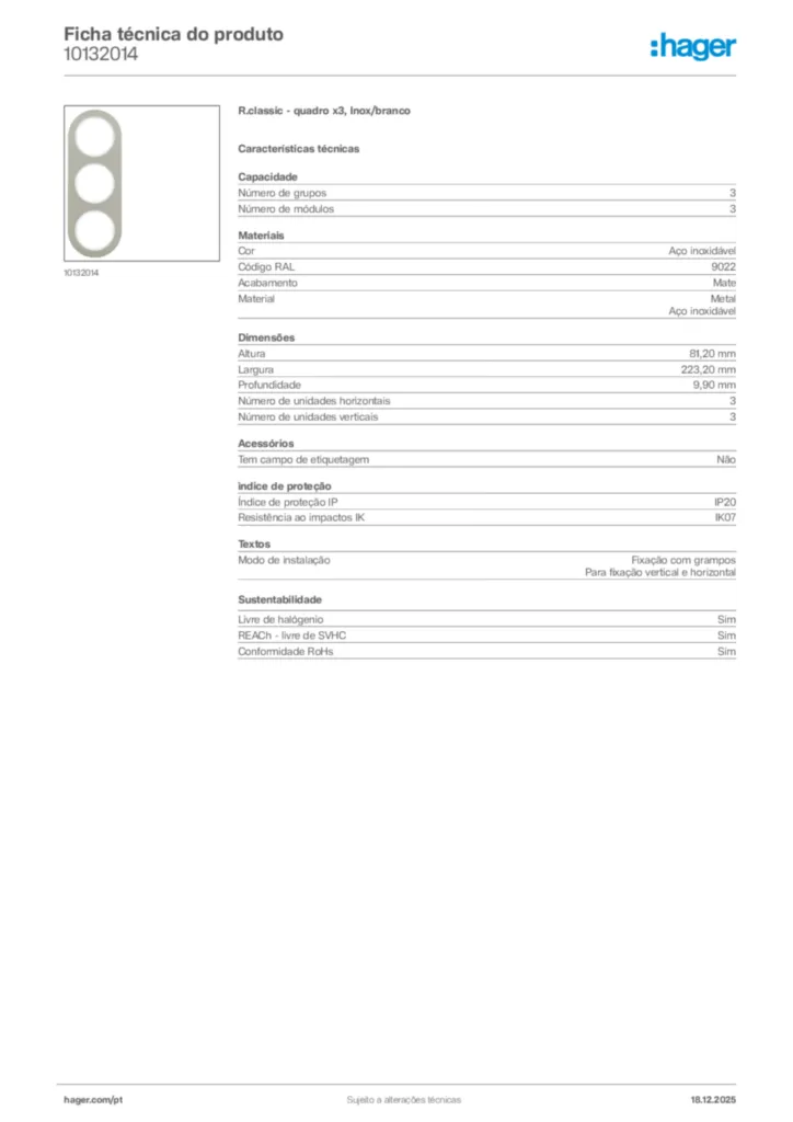 Imagem Hager Ficha técnica do produto 10132014 | Hager Portugal