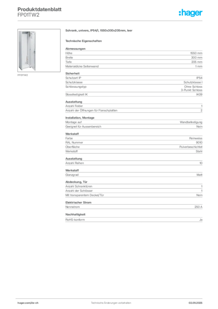 Bild Hager Produktdatenblatt FP01TW2 | Hager Schweiz