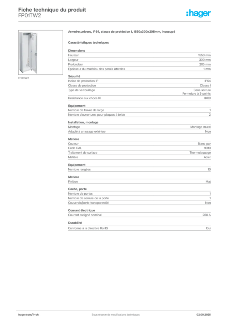 Image Hager Fiche technique du produit FP01TW2 | Hager Suisse